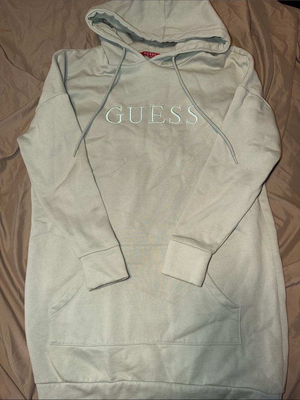 GUESS Neutral Cream Hooded Sweatshirt Dress with Logo